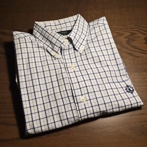 Lauren by Ralph Lauren White 100% Cotton Button-Down Shirt with Blue Plaid